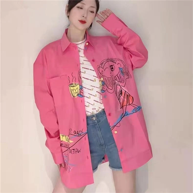 商场同款2025春秋新款卡通印花百搭宽松中长款长袖衬衫女1300711
