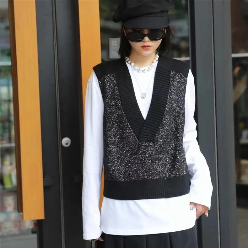 商场同款2025秋冬季V领时尚百搭拼接羊毛女针织马甲背心5399576
