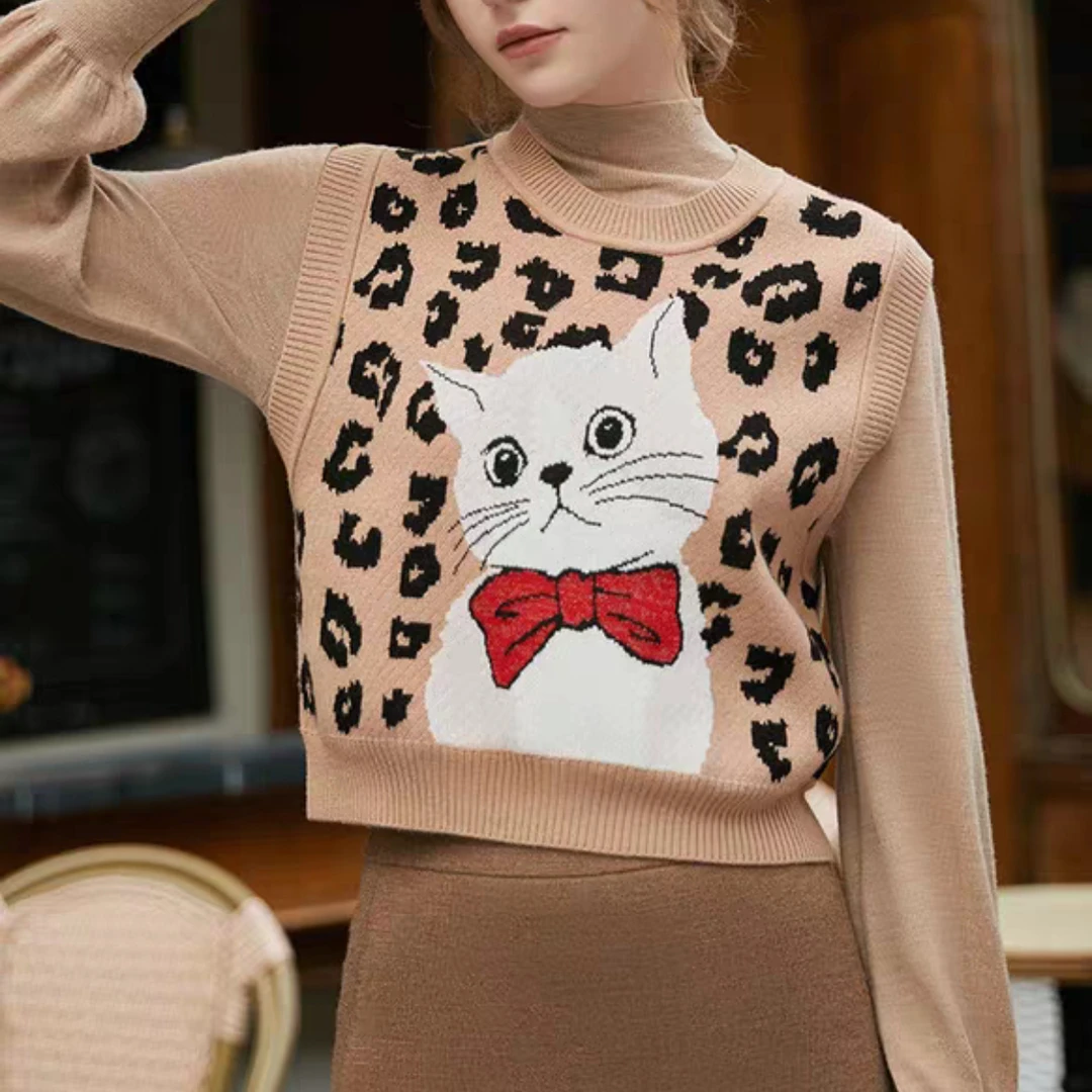 商场同款女装2025秋季拼色羊毛提花卡通背心针织衫短马甲A301023