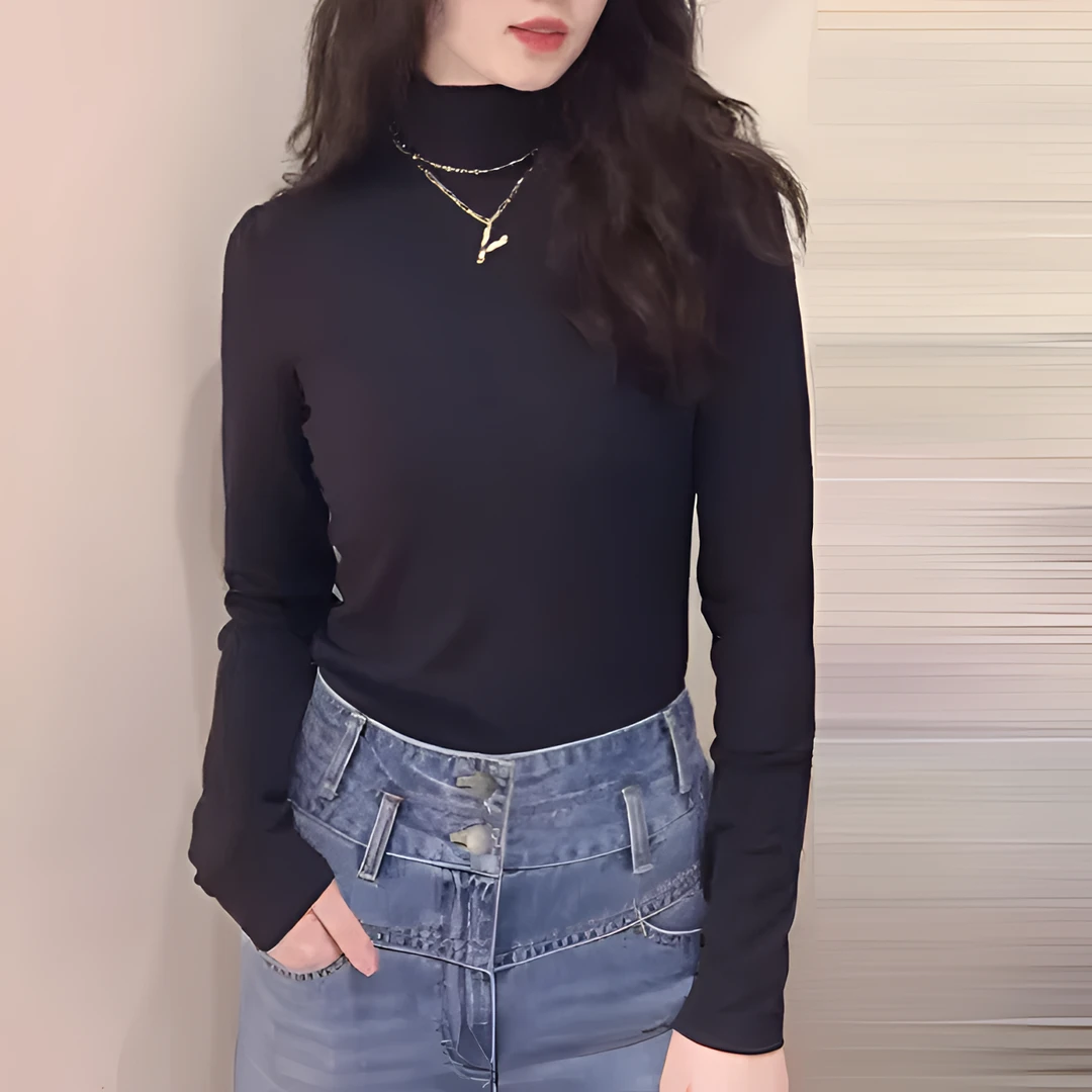 商场同款2025秋冬季新款修身显瘦烟管领长袖T恤打底衫女1300536
