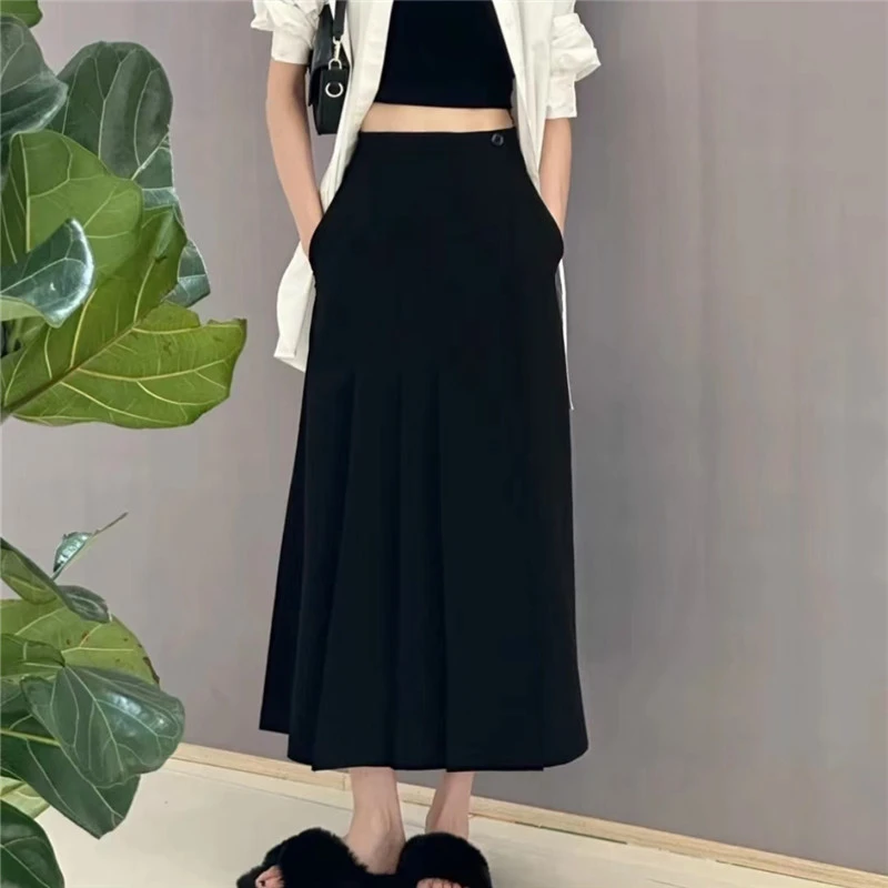 商场同款女装2025秋季高腰显瘦中长款百褶半身裙黑色a字裙5200382