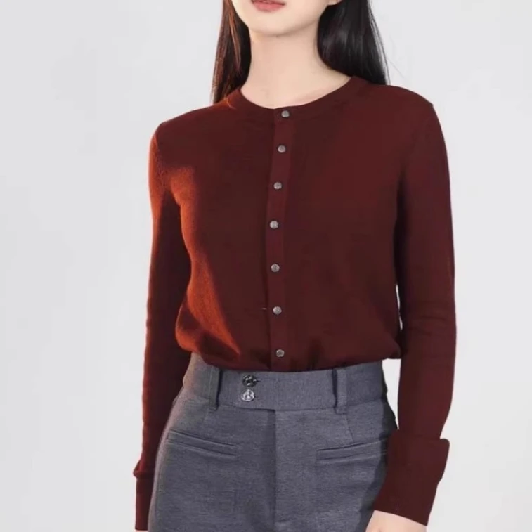 商场同款2025早春装新款红色修身圆领羊毛针织开衫外套女装148023