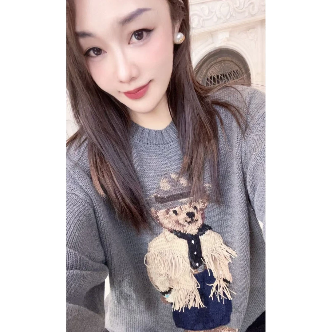 【4091灰色毛衣小熊】毛衣上衣毛线衫女秋冬外搭慵懒风毛衣