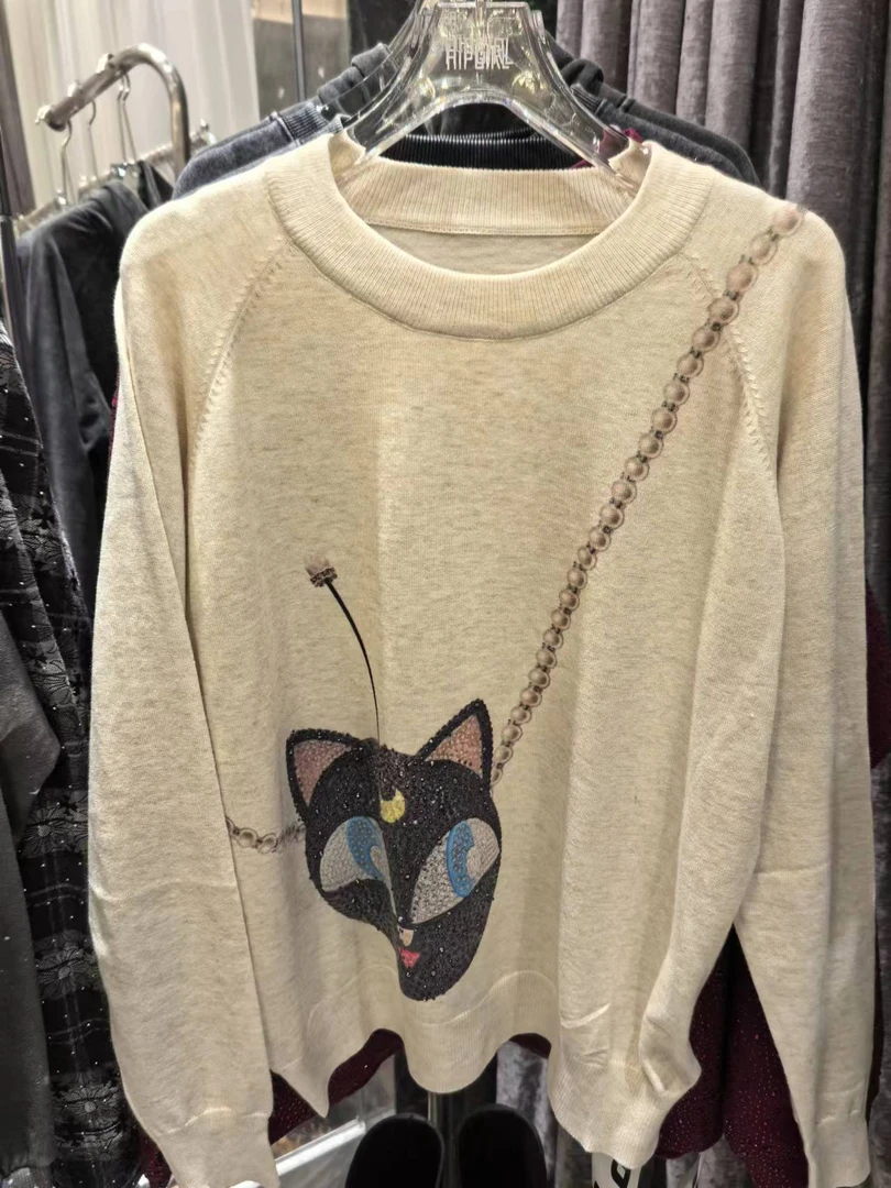 【4045燕麦色毛衣黑猫】毛衣上衣毛线衫女秋冬外搭慵懒风毛衣