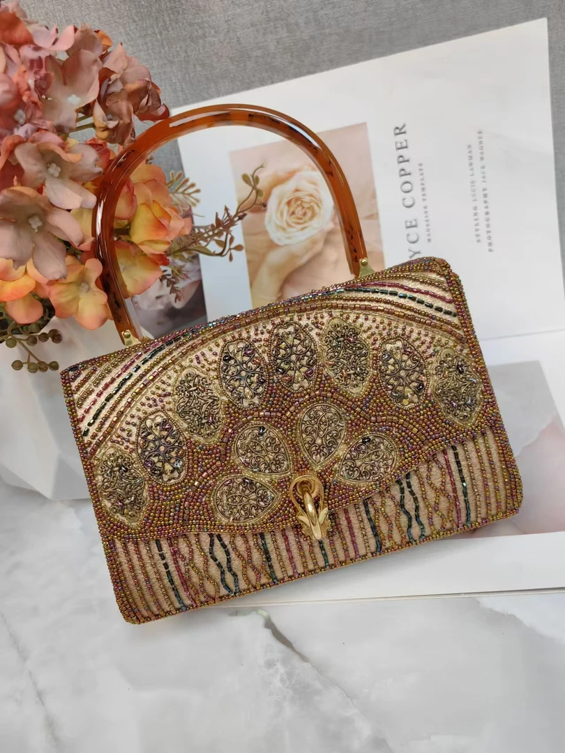 纯手工钉珠包中古包vintage珠绣包旗袍包口金斜挎链条包立体包包