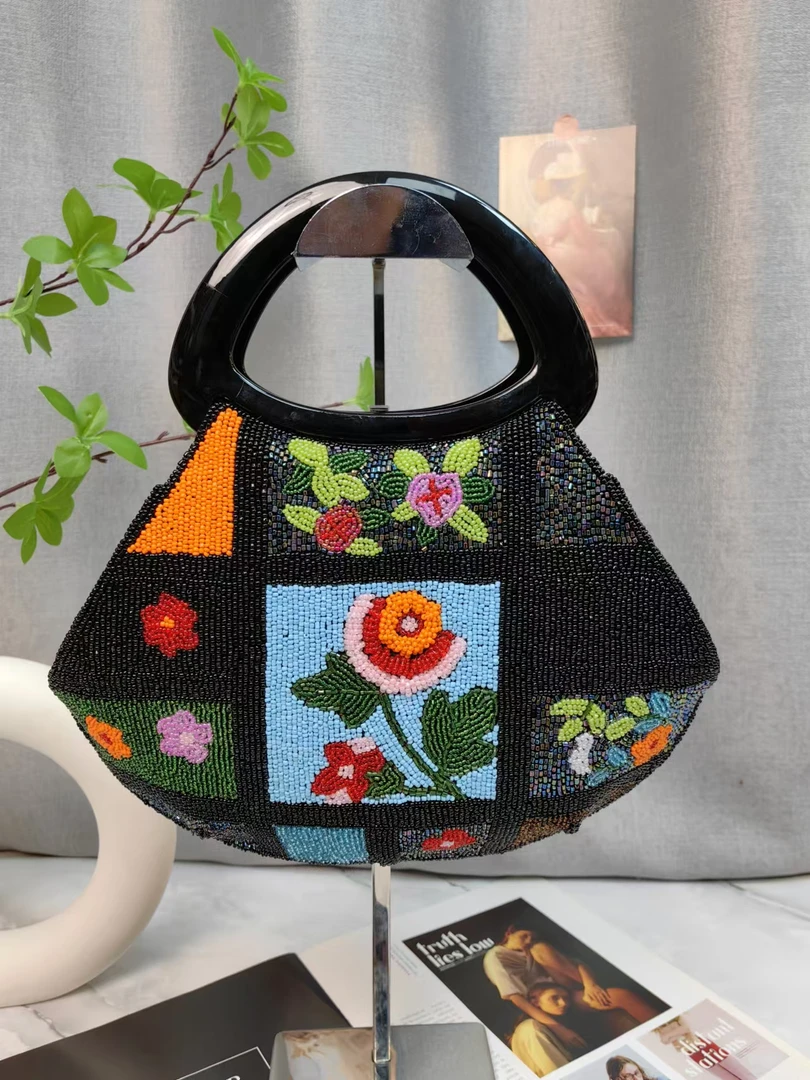 纯手工钉珠包中古包vintage珠绣包旗袍包口金斜挎链条包立体绣花