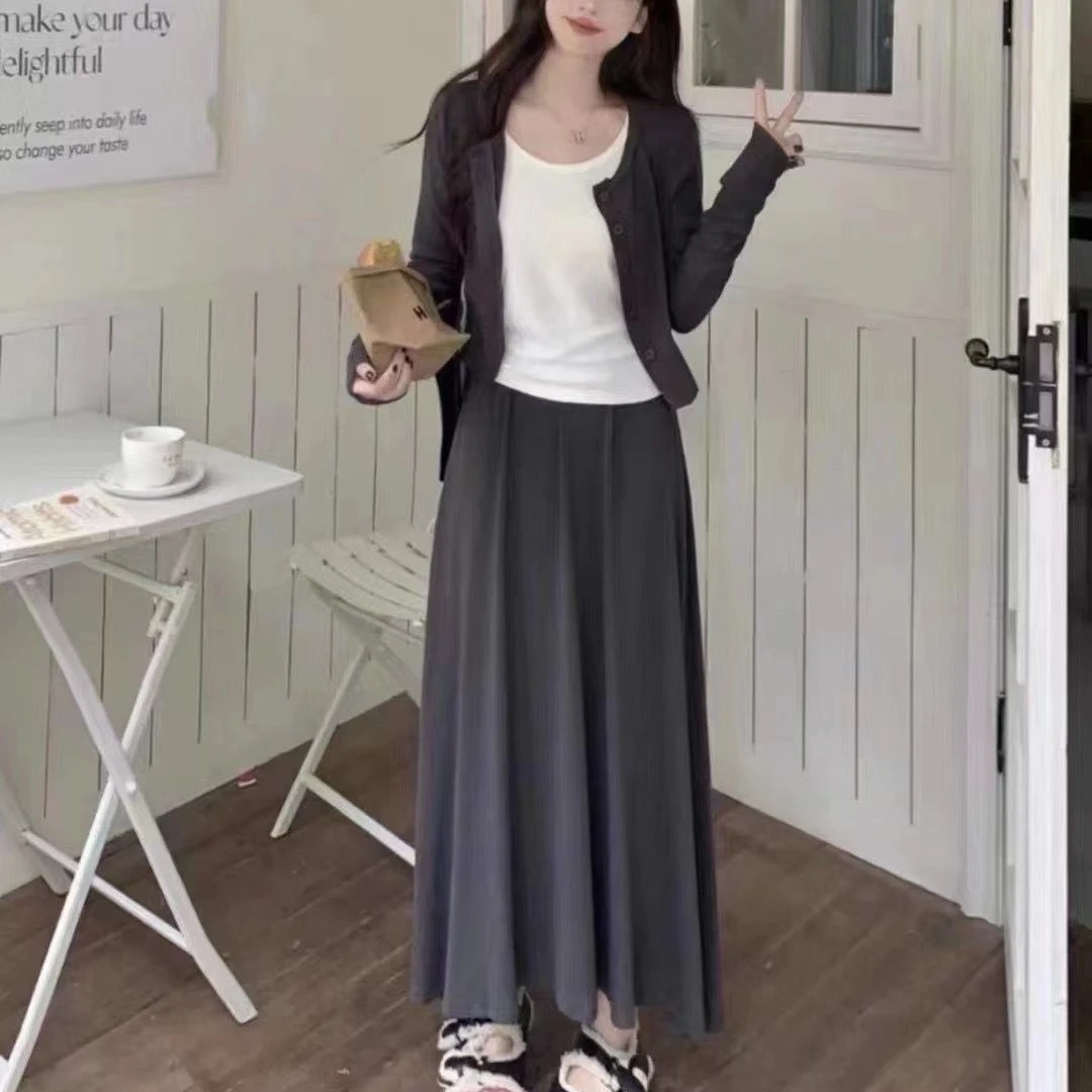 韩版新款时尚大码显瘦三件套套装外套+背心+半身裙显瘦遮肉