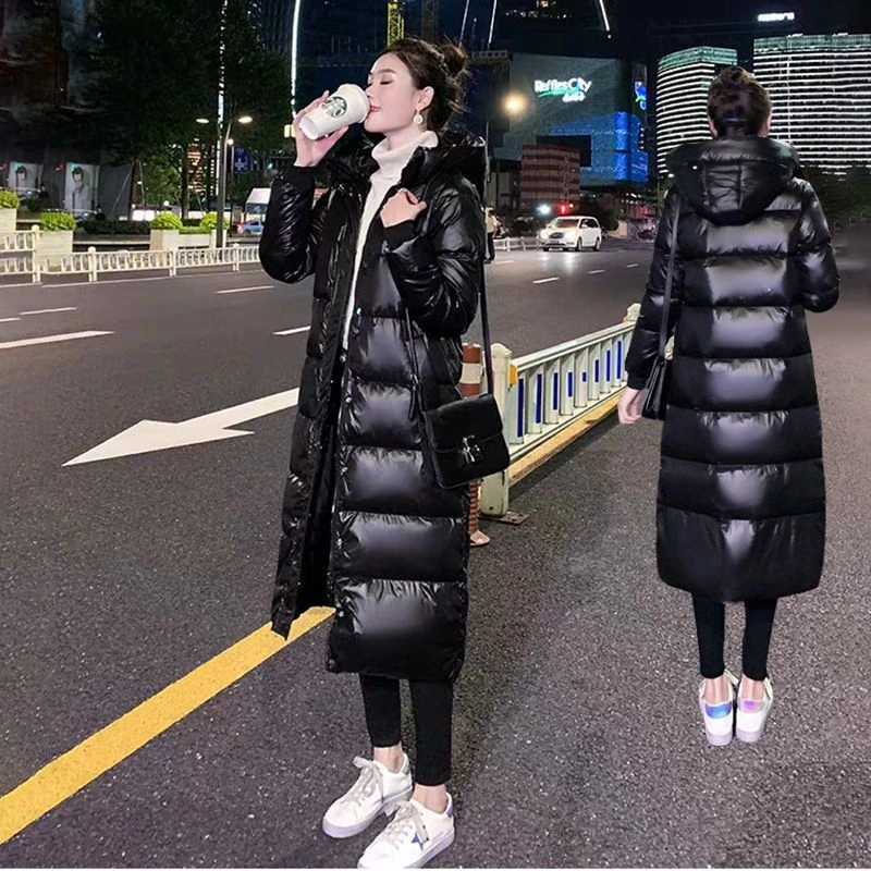 波司澄棉衣女中长款过膝新款网红亮面免洗连帽时尚加厚女外套流行