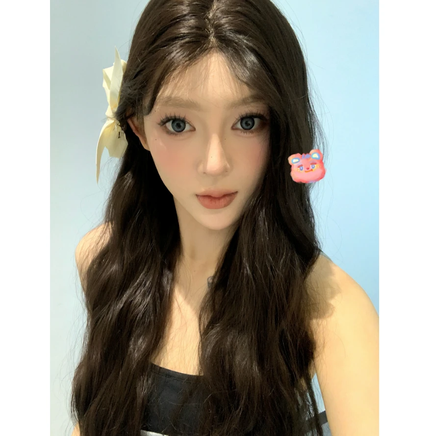 蜜桃专属【元气少女】黑茶卷发前额蕾丝假发全头套式时尚女款饱满