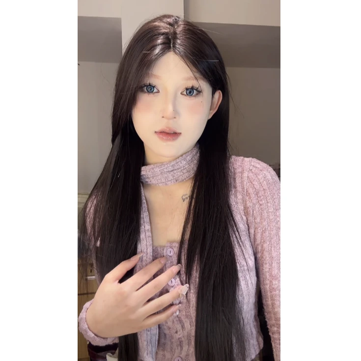 蜜桃专属【纯情少女】黑茶色前额蕾丝假发自然蓬松全头套式时尚女款