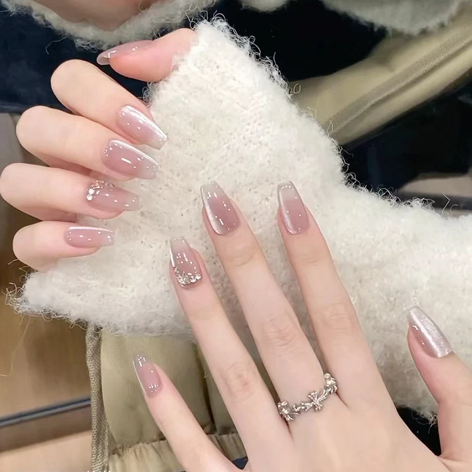 中长款指尖猫眼裸粉碎钻可拆卸穿戴甲秋冬显白甲片10片装