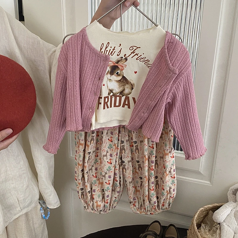 韩版童装2023秋新款女童针织开衫打底上衣阔腿裤套装三件套23446