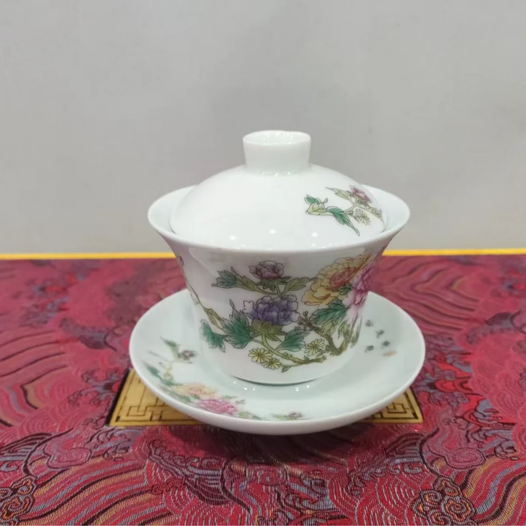 艺术陶瓷 陶瓷盖碗 牡丹三才盖碗