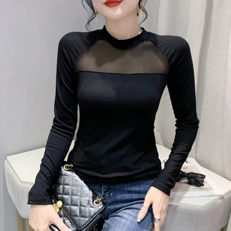 黑色时尚拼接网纱长袖T恤女圆领打底衫上衣修身显瘦新款大码女装