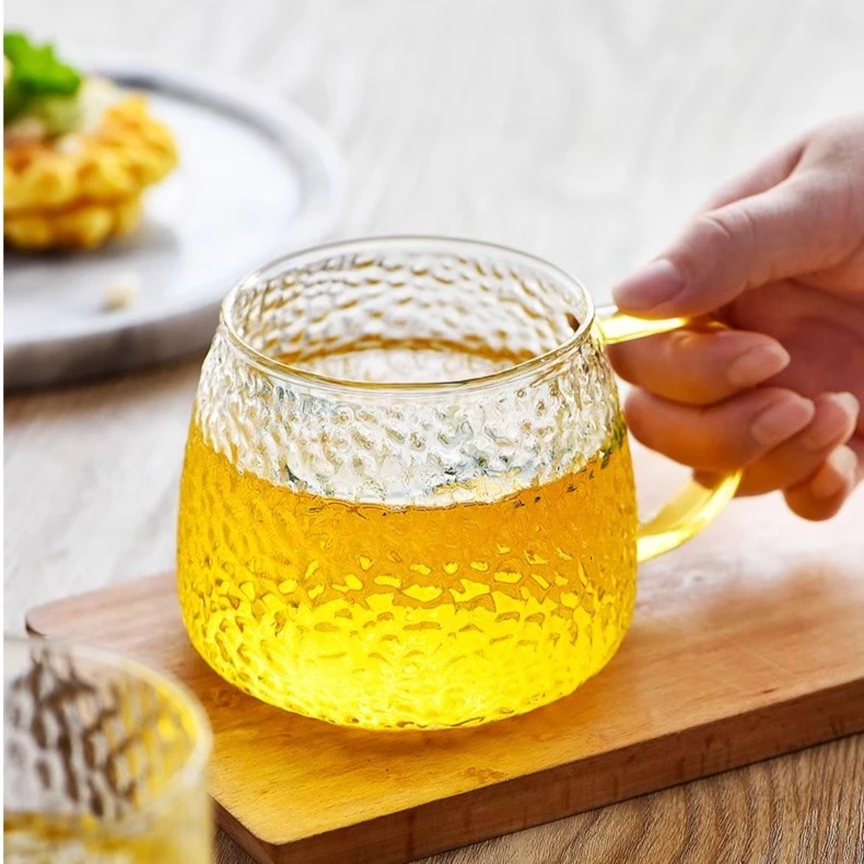 锤纹玻璃杯把手耐热防爆带手柄茶杯家用杯子喝水浮雕水杯400ml