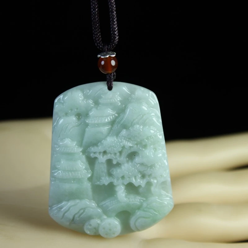 天然翡翠山水牌吊坠项链挂件精美时尚情侣款山水牌挂坠多样性发货