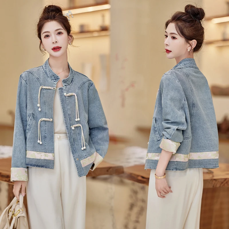 春季新款新中式国风复古盘扣小众设计感洋气时髦休闲牛仔短款外套