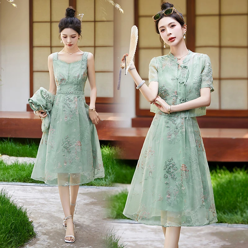 夏季爆款新中式国风复古高级感洋气刺绣上衣吊带裙中长款连衣裙