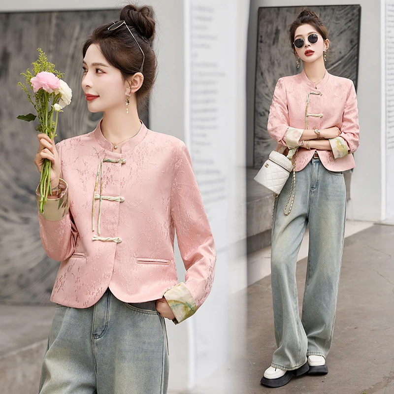 秋装新款小个子新中式国风复古盘扣洋气减龄唐装短款提花外套上衣