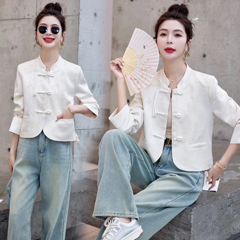 小个子春季爆款新中式国风盘扣提花立领改良唐装上衣女短款外套