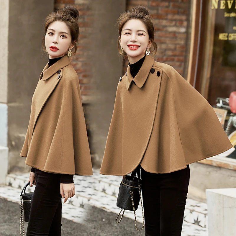 小个子秋冬新款韩版气质高级感洋气减龄斗篷式短款双面羊毛呢外套