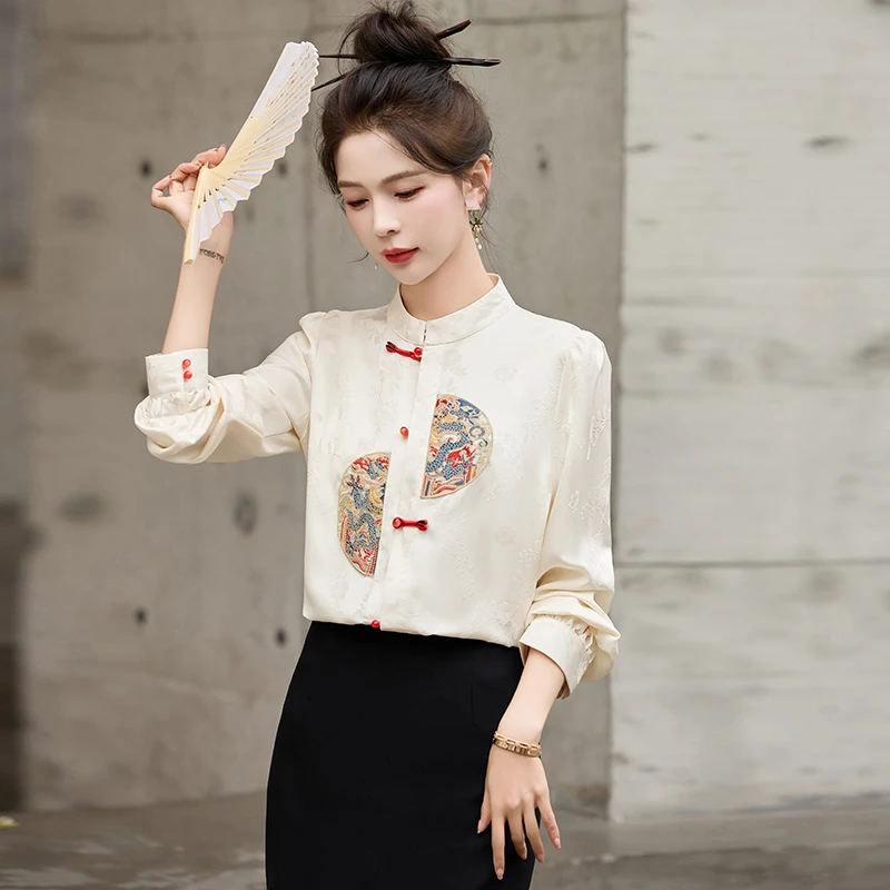 春季新款新中式国风复古盘扣气质高级感刺绣立领长袖上衣衬衫衬衣