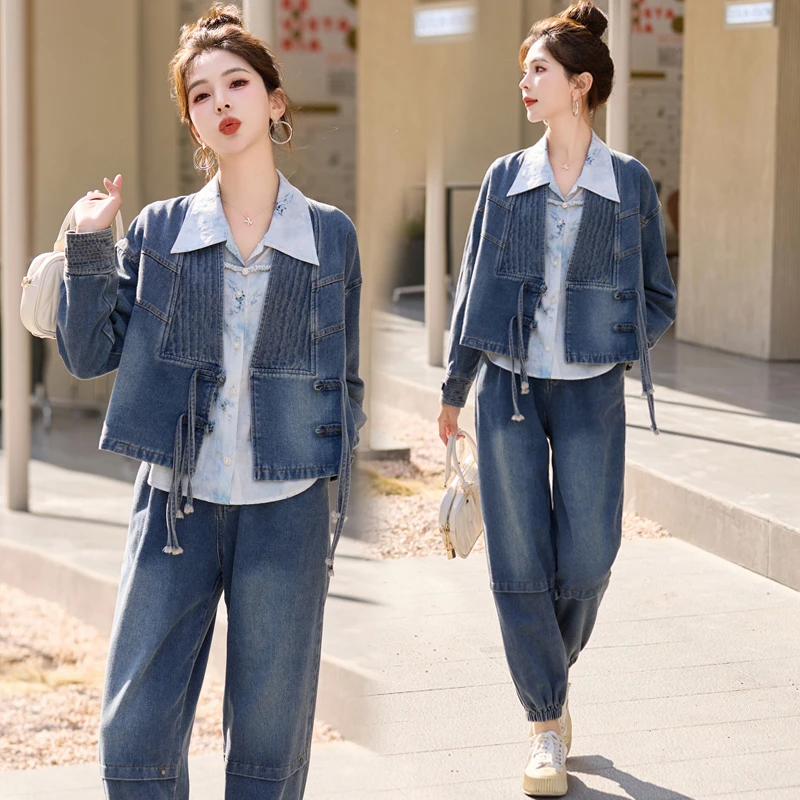 秋季爆款新中式国风元素牛仔外套印花衬衫牛仔裤三件套时尚套装