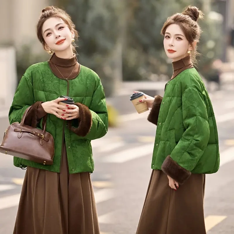 冬季新款高级感气质拼接宽松短款外套新中式国风提花羽绒服女