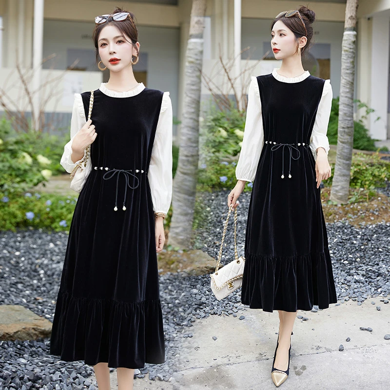 洋气上档次女秋装韩版气质高级感金丝绒木耳边显瘦中长款连衣裙