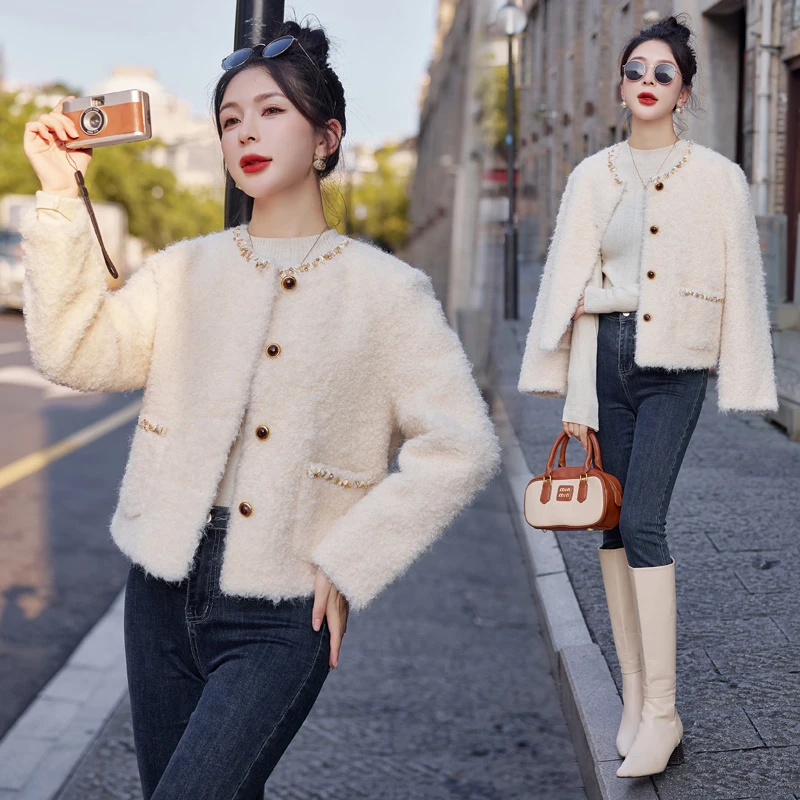 小个子秋冬新款韩版时尚气质慵懒风洋气减龄小香风皮毛一体短外套