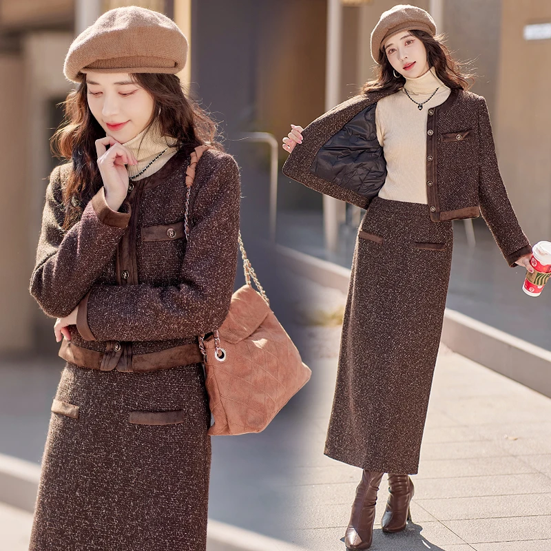 冬季小香风名媛范高级感复古毛呢外套高腰半身裙两件套时尚套装裙