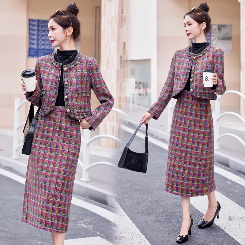 秋冬新款高级感小香风复古洋气毛呢外套包臀半身裙两件套时尚套装