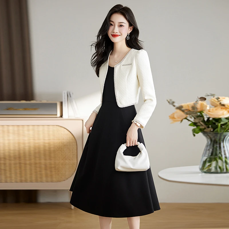 小香风外套秋季新款名媛气质白色连衣裙两件套时尚洋气高级感套装