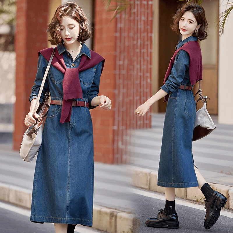 秋季新款设计感气质收腰中长款裙子法式复古披肩牛仔连衣裙女