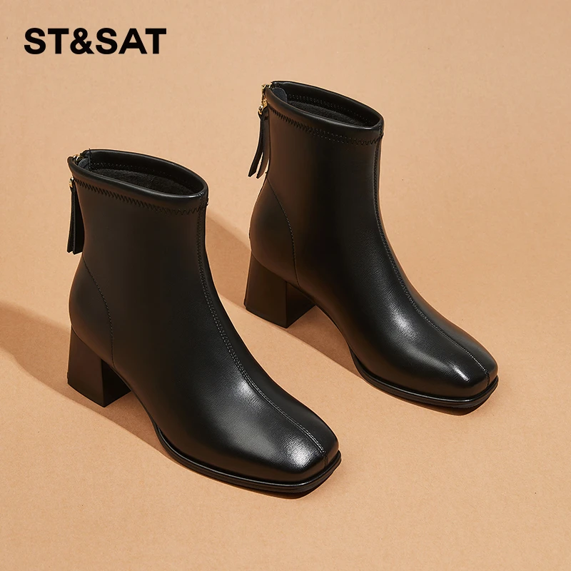 星期六短靴女靴子2025新款秋冬加绒高跟瘦瘦靴粗跟单靴切尔西靴女