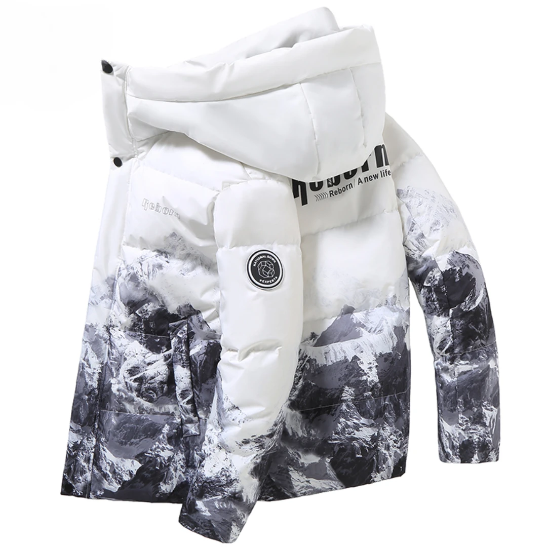 男款羽绒服冬季青少年连帽加厚外套男白色渐变雪山九江青年爆款