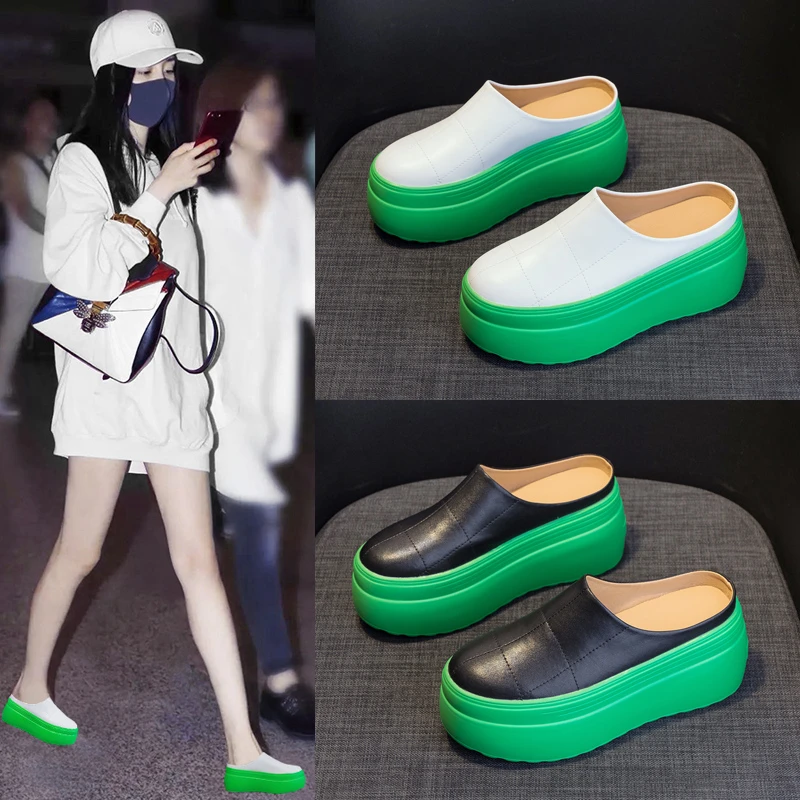 真皮包头半拖鞋女软底春夏秋外穿懒人厚底无后跟懒人鞋增高8厘米