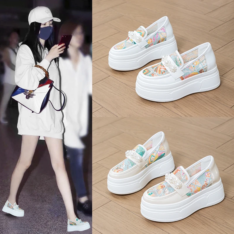 小个子增高8cm乐福鞋女2025夏款透气网面镜面厚底一脚蹬珍珠亮片