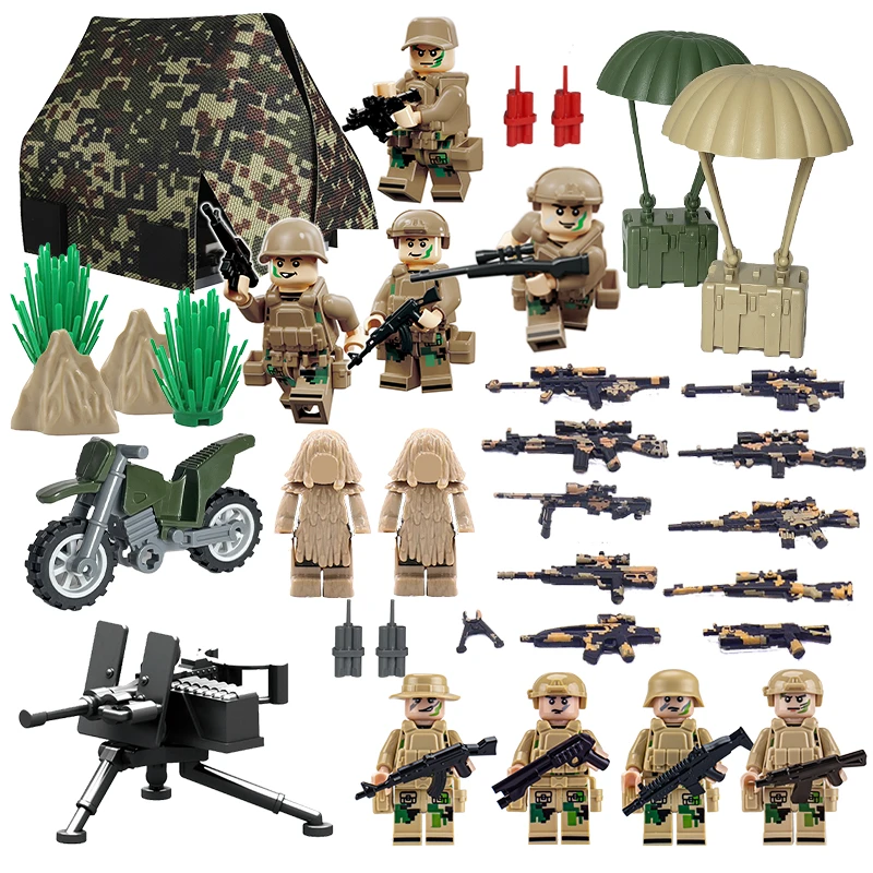 特种兵人偶军事吉利服空投箱配件帐篷M2重机枪双色枪草丛积木玩具