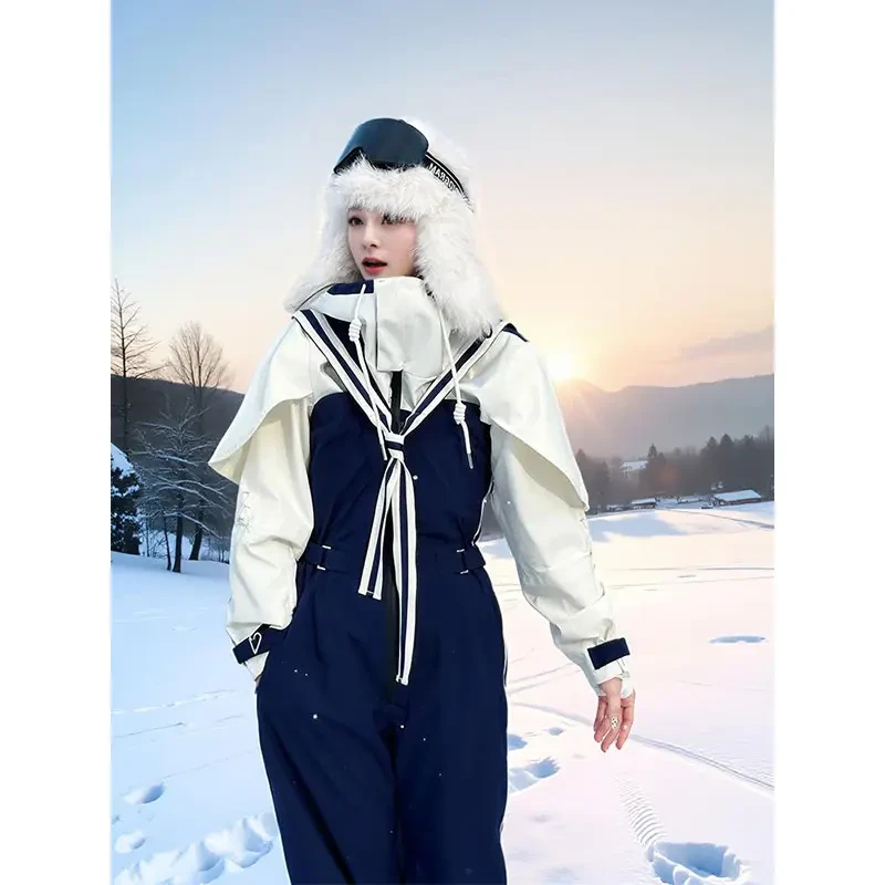 复古海军风滑雪服套装女2025秋冬新户外加厚三合一防风滑雪服
