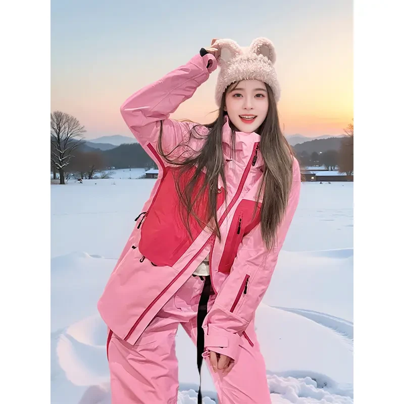 粉色滑雪服套装女款2025秋冬加厚防风防水高级感户外单板雪服