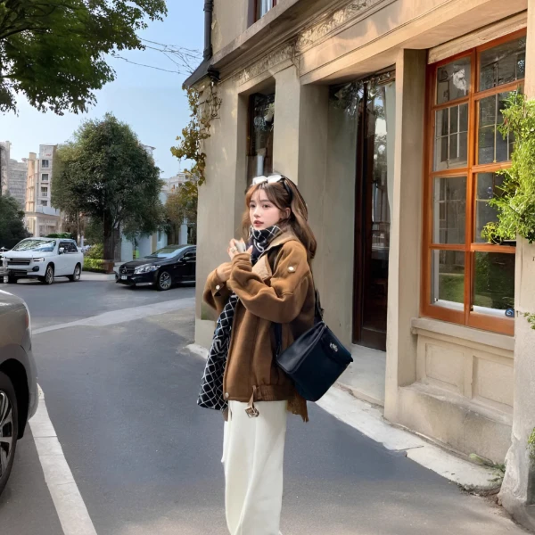 美拉德棕色夹克外套女2024秋冬款美式复古机车小个子夹棉上衣