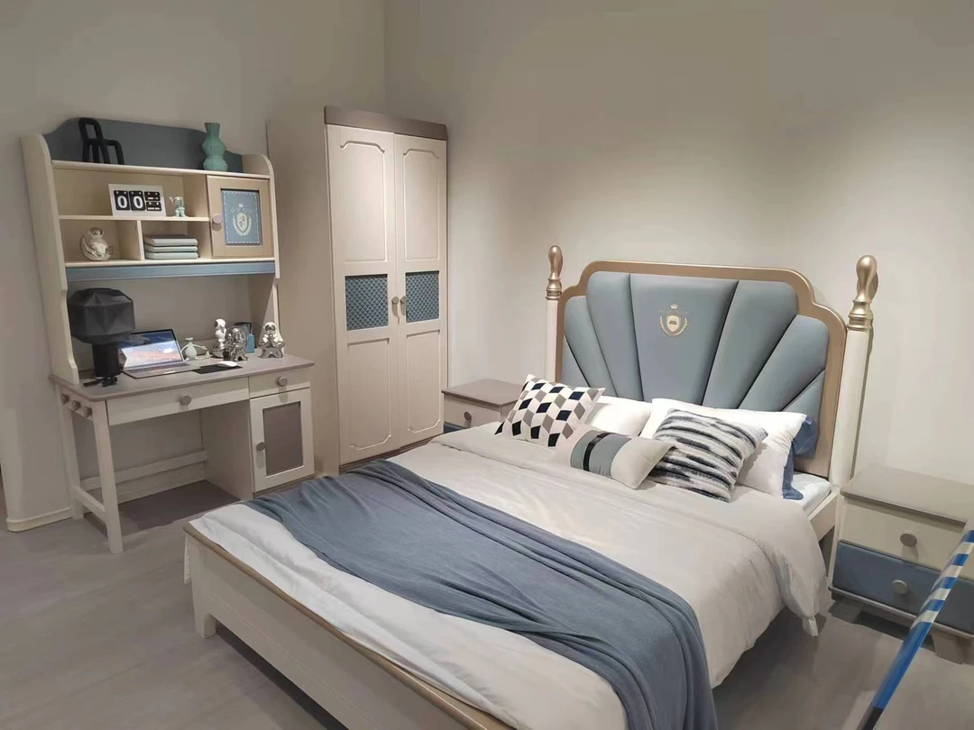 全实木青少年儿童家具轻奢美式儿童床单人次卧男孩女孩床粉色蓝色