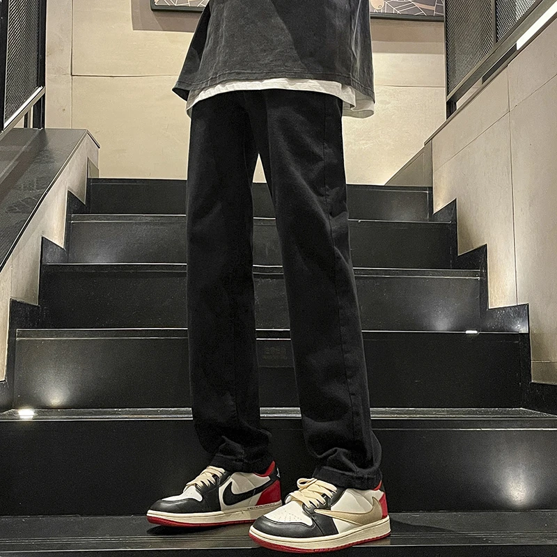 黑色牛仔裤男款秋冬弹力长裤修身美式高街vibe裤子复古简约直筒裤