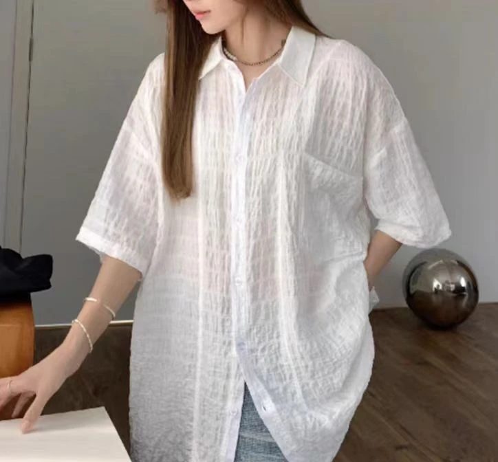 夏季新款高级感冰丝短袖衬衫小众设计宽松休闲薄款简约白色3699