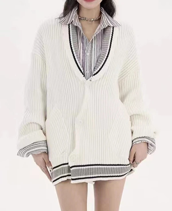 轻奢棋慵懒风宽松V领开衫毛衣外套春秋款韩系穿搭学院风时尚7933