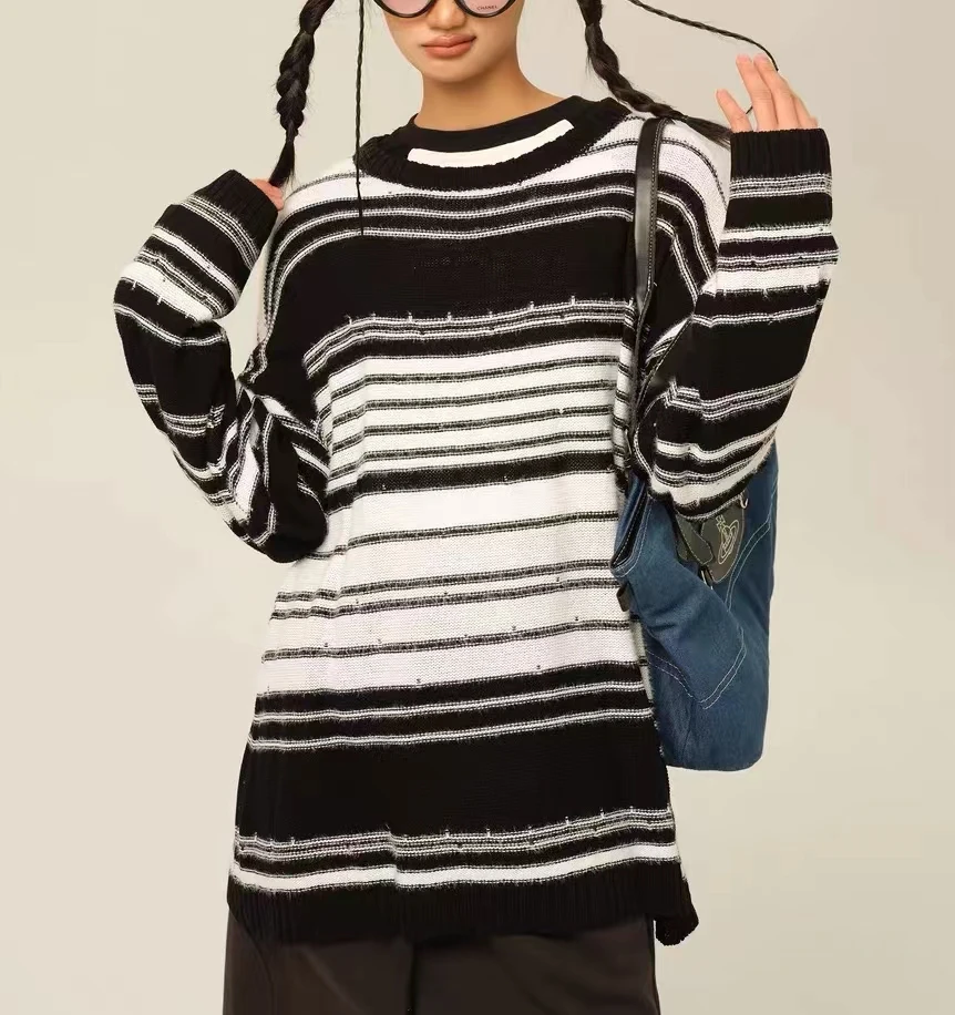 撞色条纹针织衫薄款慵懒风套头长袖男女打底毛衣百搭欧若风8172