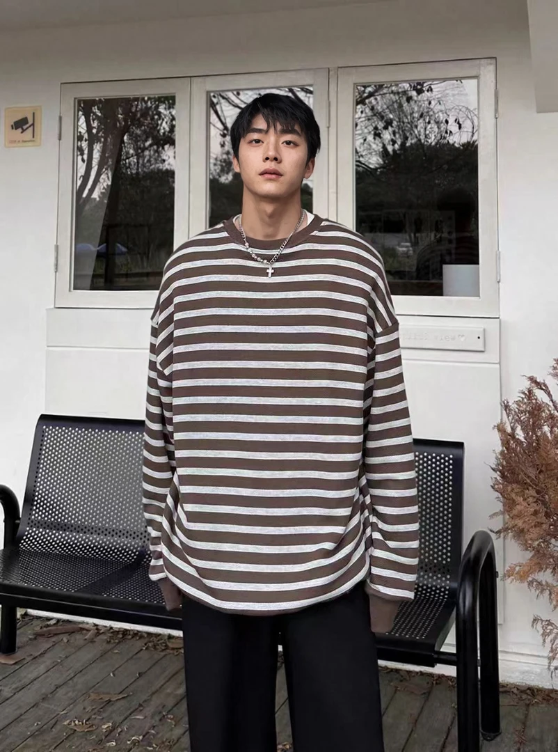 复古条纹撞色宽松圆领卫衣街头休闲百搭潮流情侣套头毛衣冬季上衣