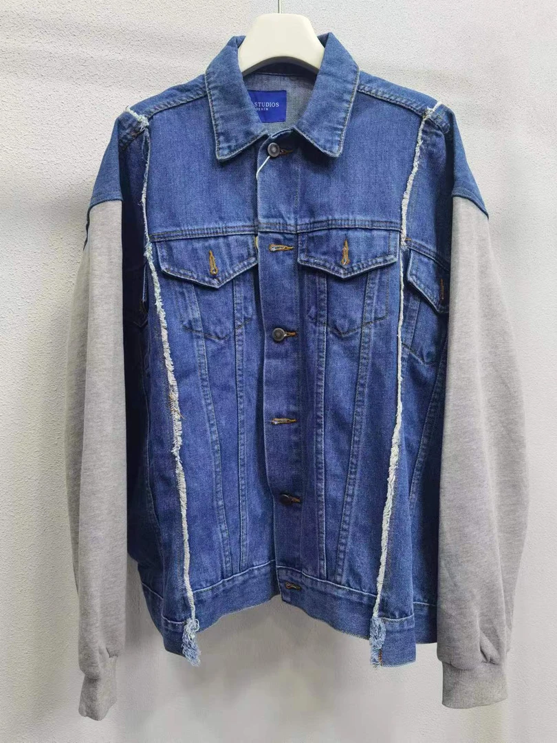 拼接牛仔个性设计感开衫夹克休闲男可拆卸连帽外套蓝色宽松3851