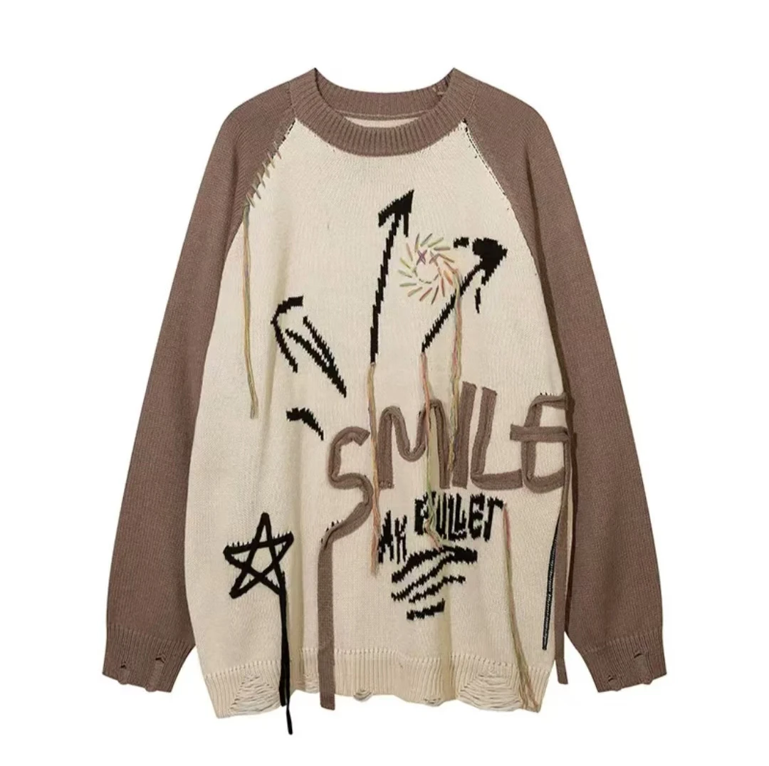 美式复古破洞流苏长袖针织衫/毛衣情侣款宽松潮流休闲百搭YW016